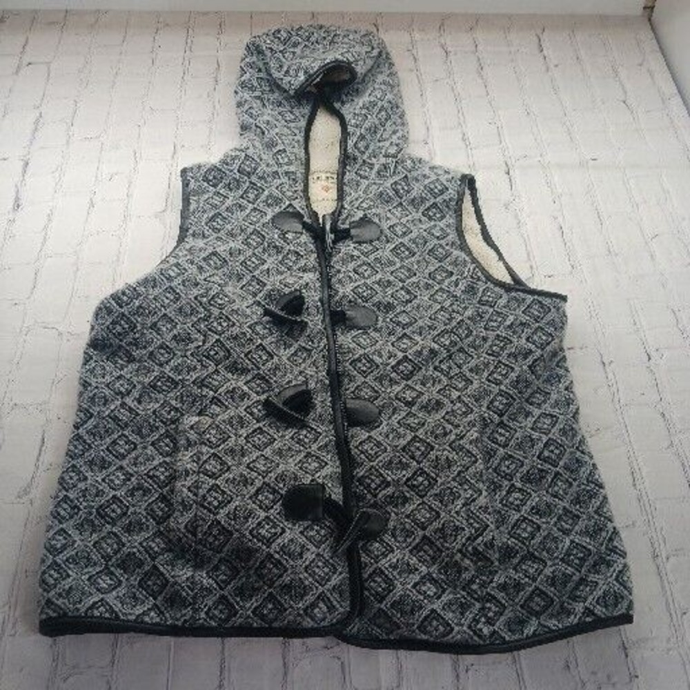 Ruff Hewn Womens LG Hood Faux Sherpa Zip Vest Top Sleeveless Black Gray EUC